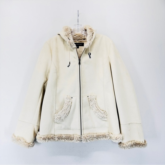 Jones New York Women Shearling Jacket Coat Ivory Size Medium Vegan Suede Hooded - Picture 1 of 16